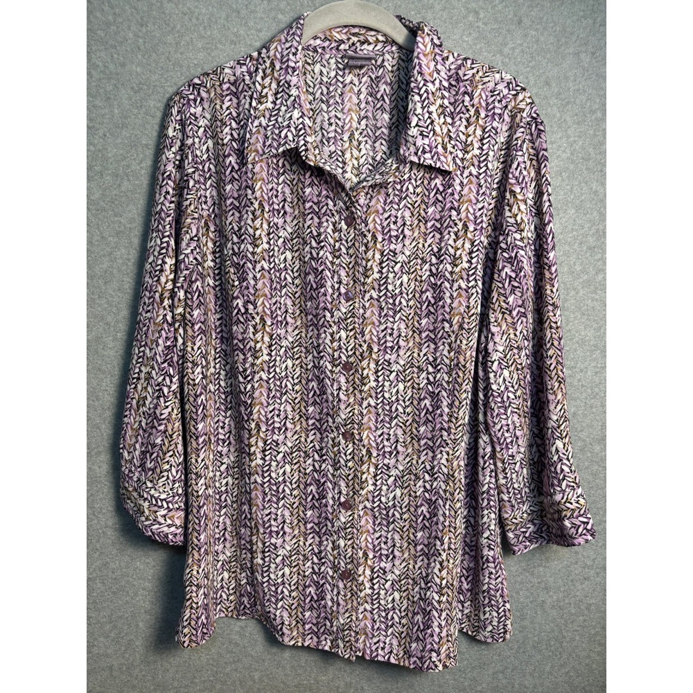Laura Scott Petite XLP Button Up Blouse Women Plus Purple Abstract Top